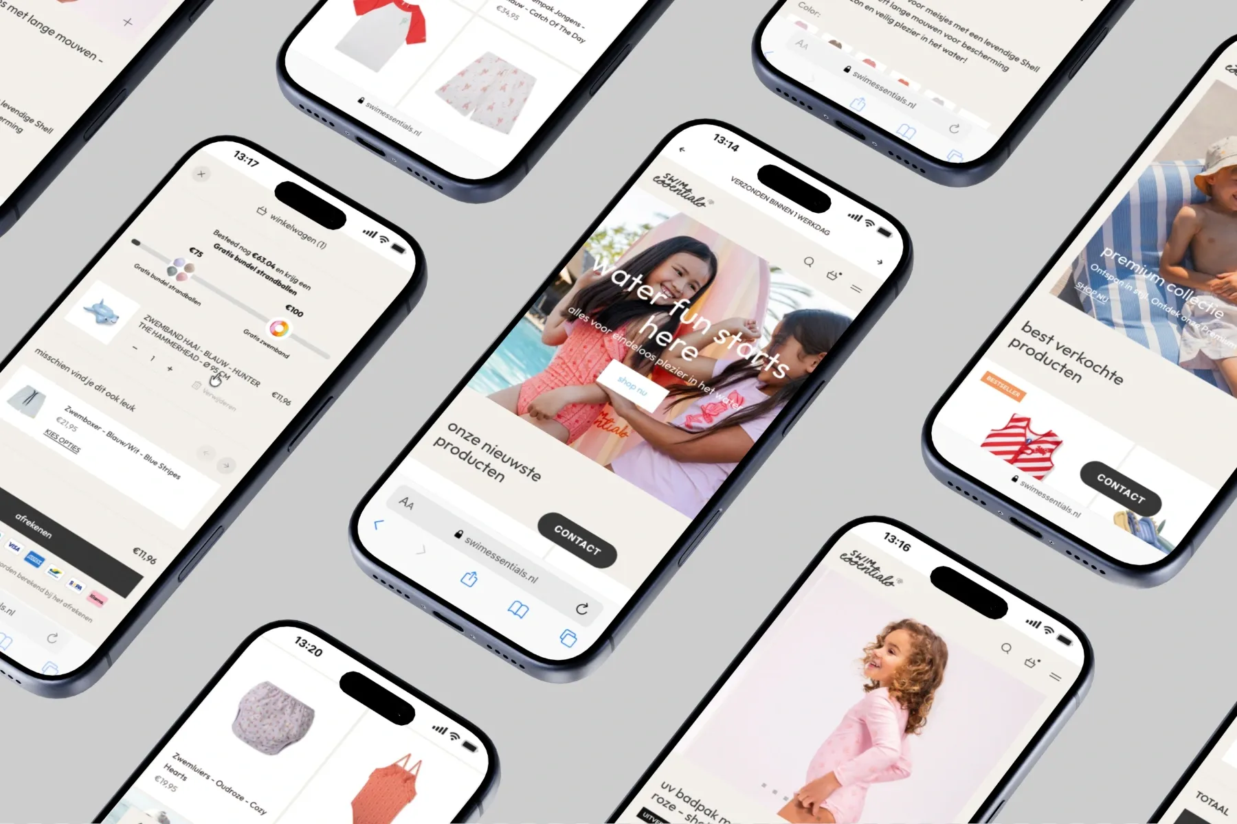Zes telefoons met pagina’s van de webshop van Swim Essentials: homepage, winkelwagen en productpagina’s