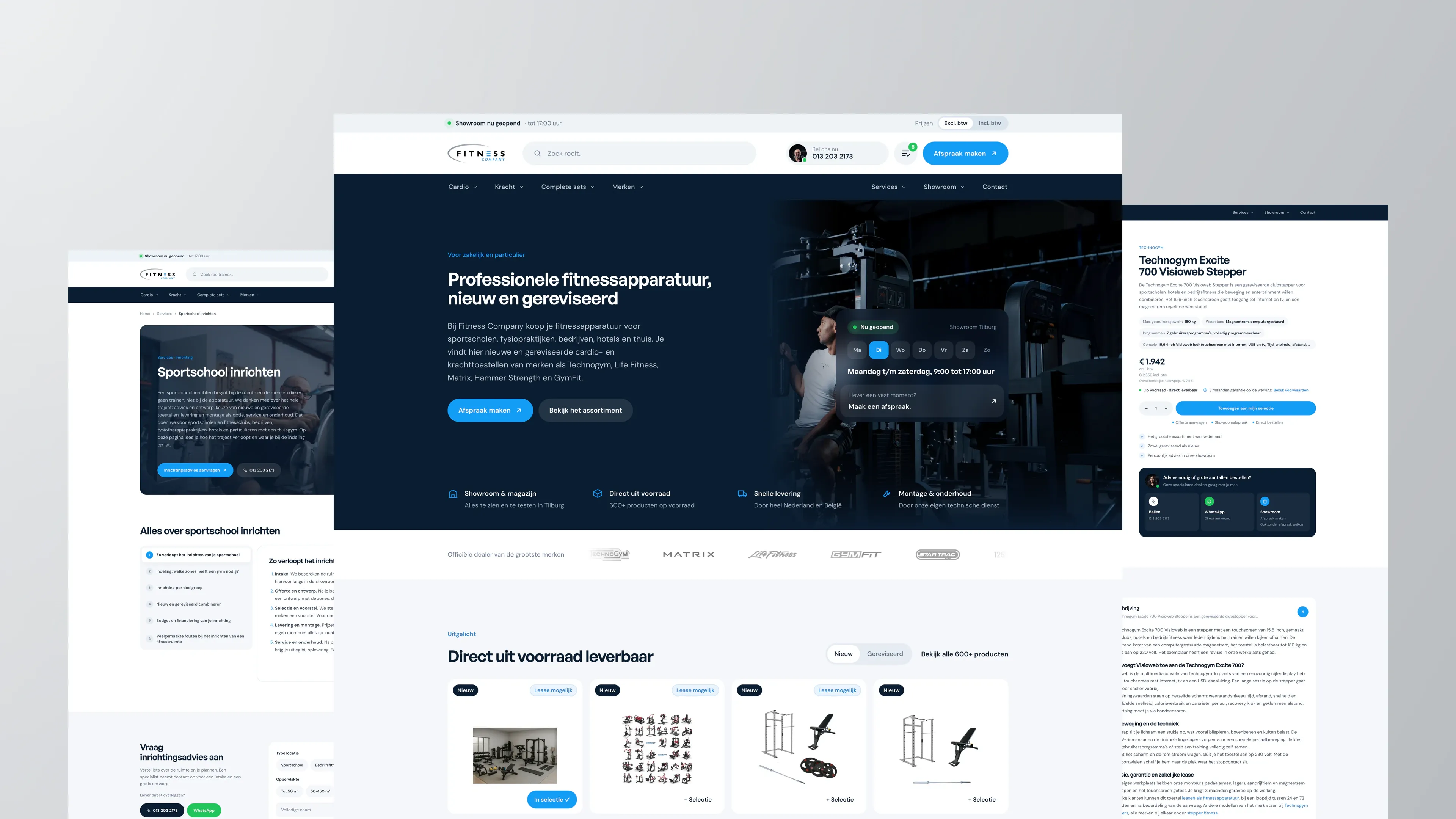 Drie pagina’s van de webshop van Fitness Company naast elkaar, met in het midden de homepage: Professionele fitnessapparatuur, nieuw en gereviseerd