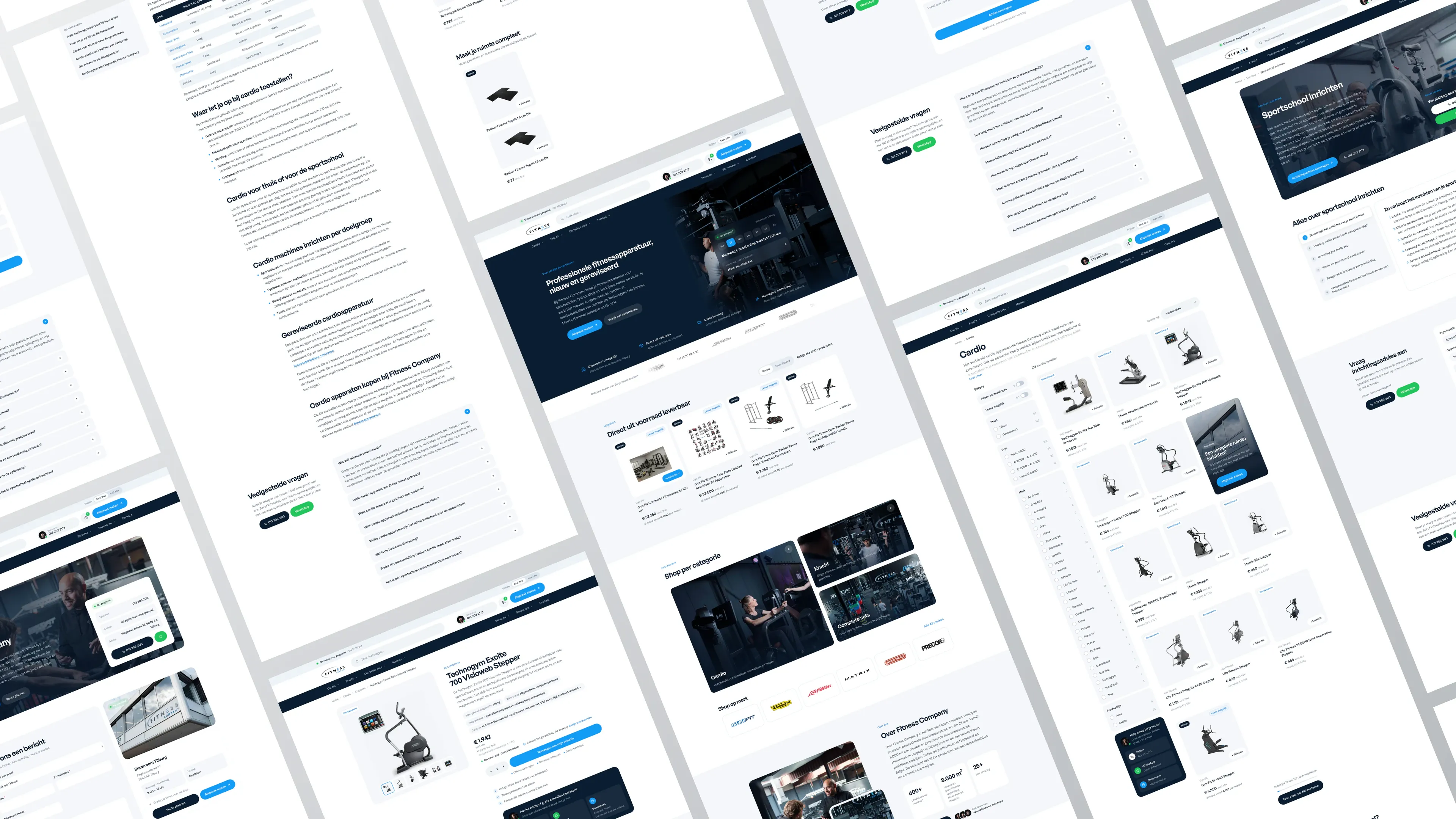 Volledige pagina’s van de webshop van Fitness Company schuin naast elkaar, met in het midden de homepage