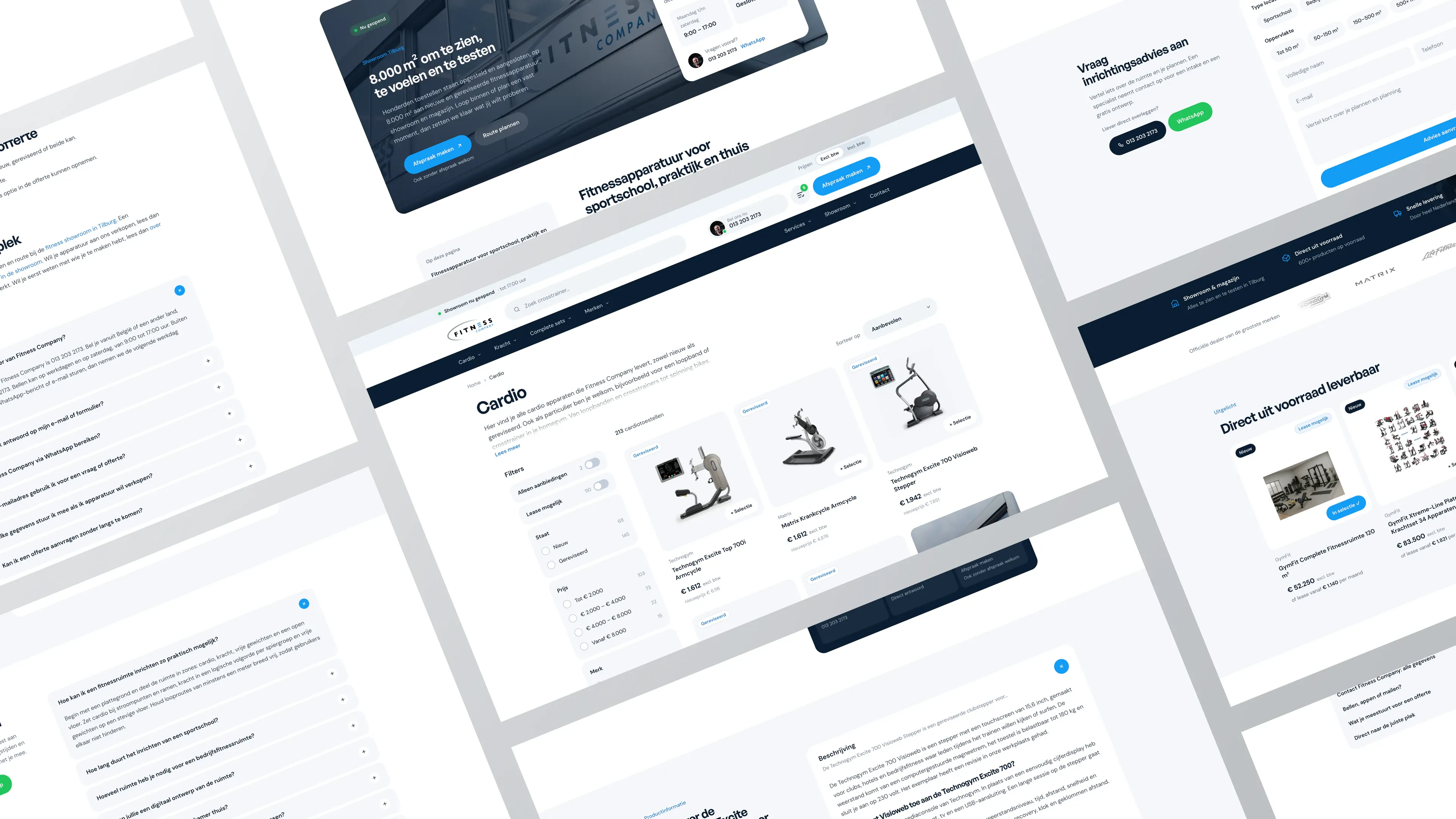 Schuin geplaatste pagina’s van de webshop van Fitness Company, met in het midden de categoriepagina Cardio met filters