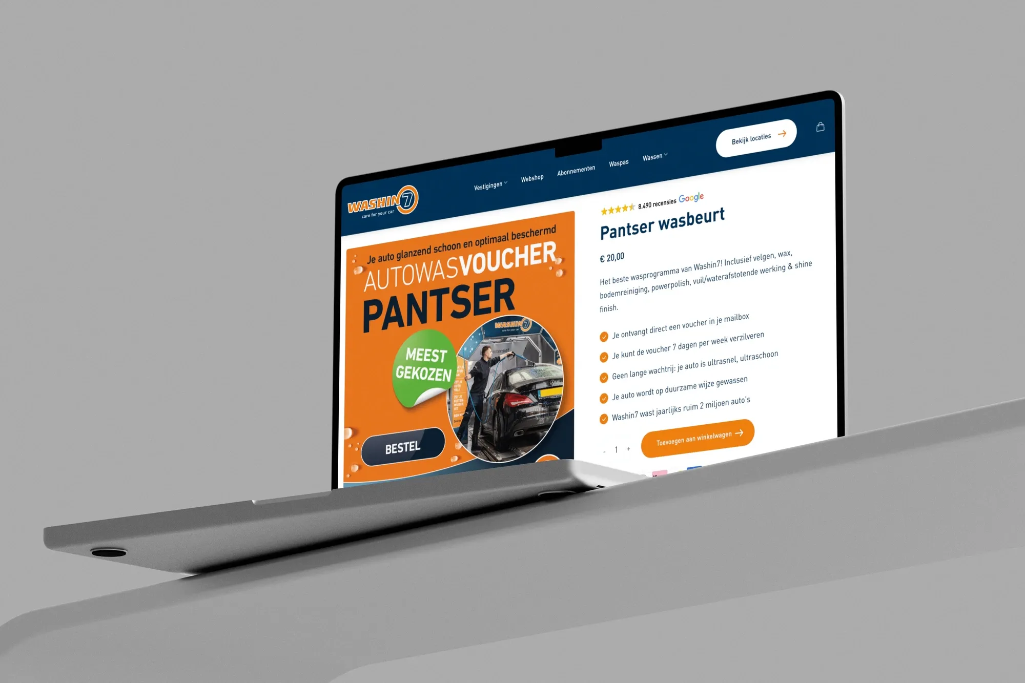 De productpagina van de autowasvoucher Pantser in de webshop van Washin7, op een laptop