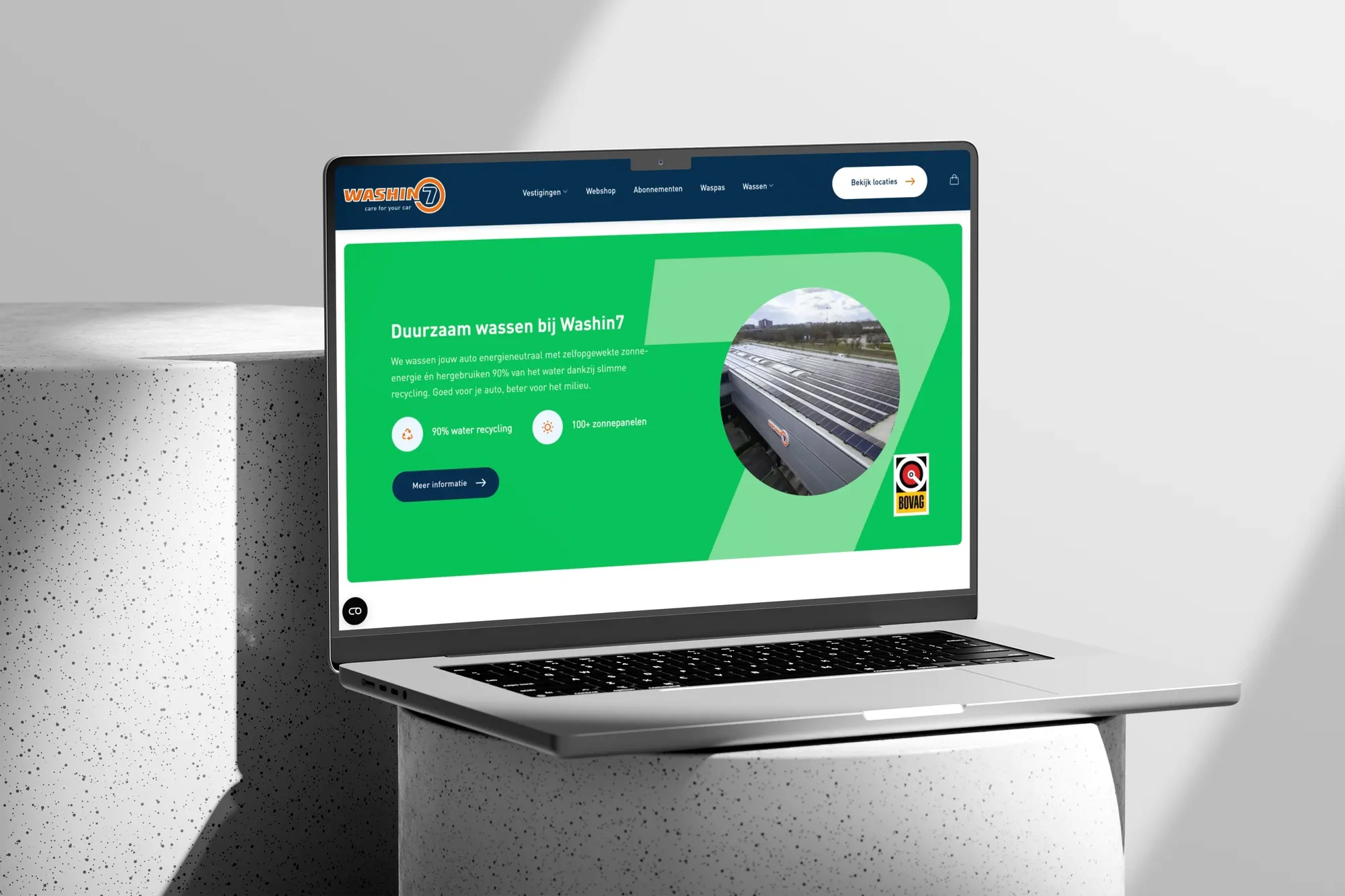 De homepage van washin7.nl op een laptop, met de kop Duurzaam wassen bij Washin7
