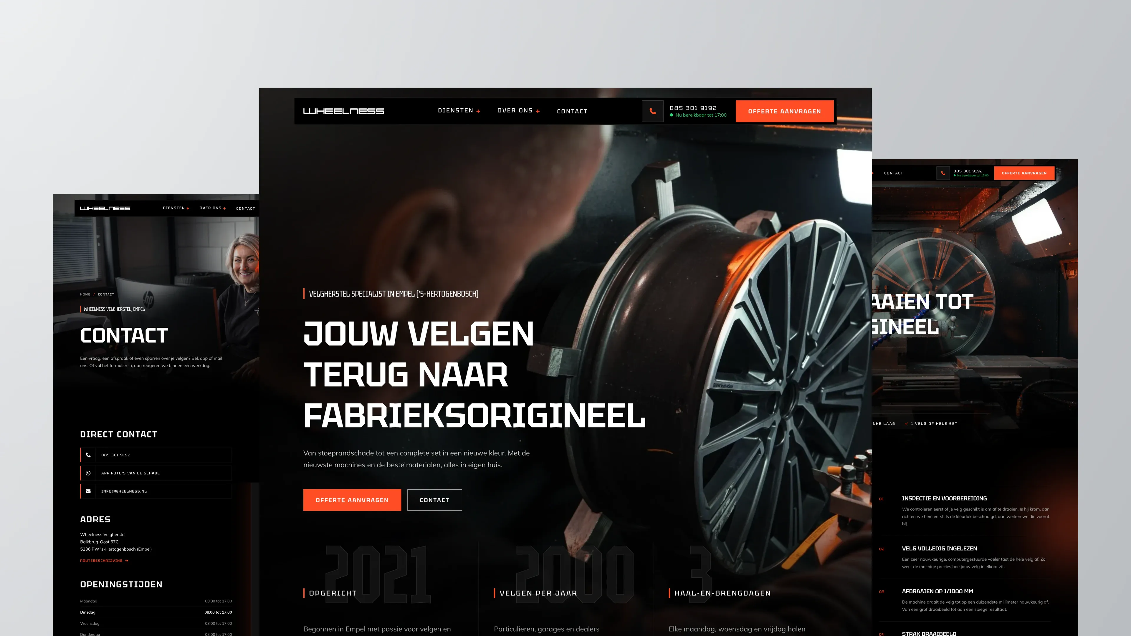 Drie pagina’s van de website van Wheelness naast elkaar, met in het midden de homepage: Jouw velgen terug naar fabrieksorigineel
