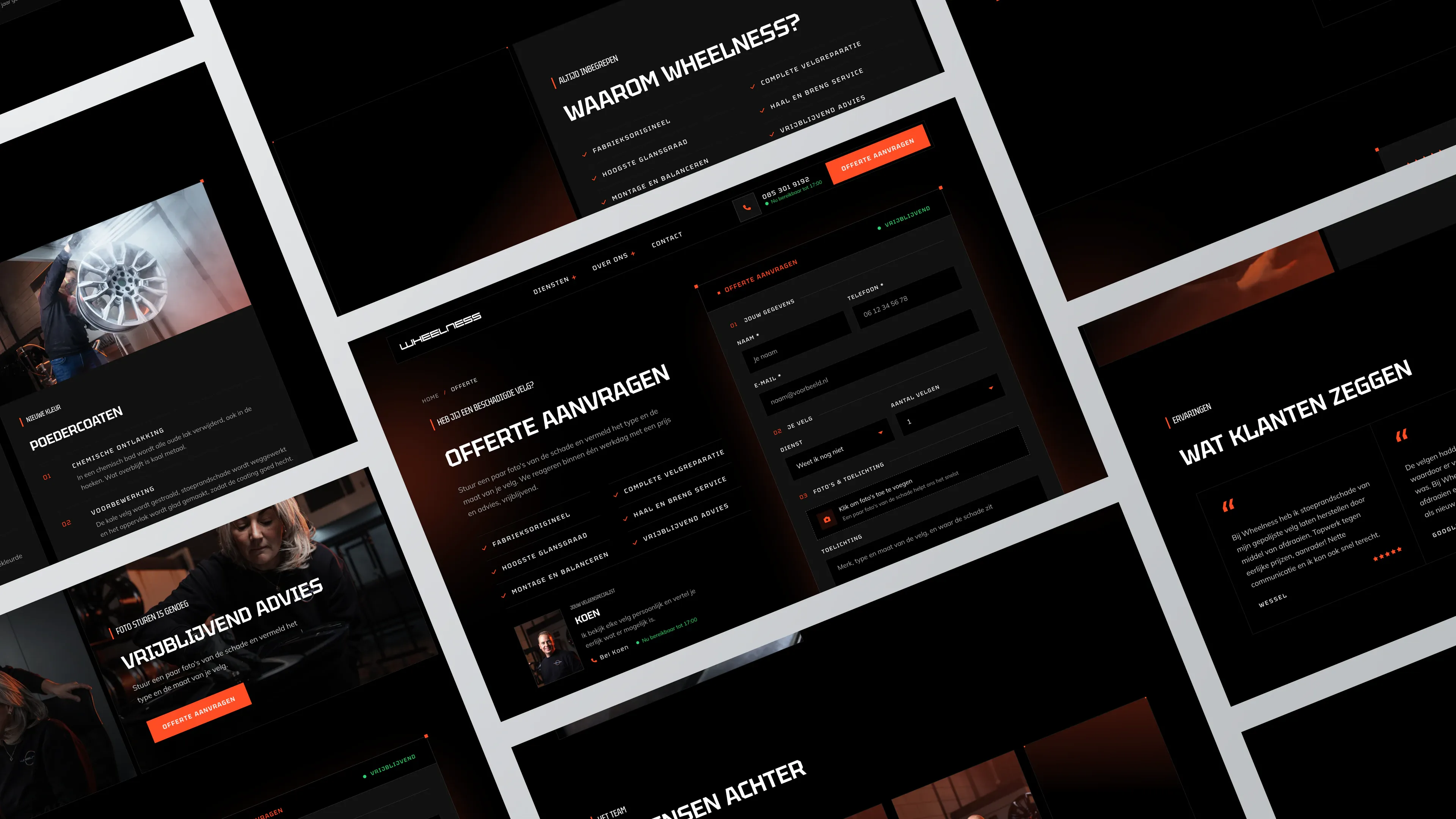 Schuin geplaatste pagina’s van de website van Wheelness, met in het midden de offertepagina
