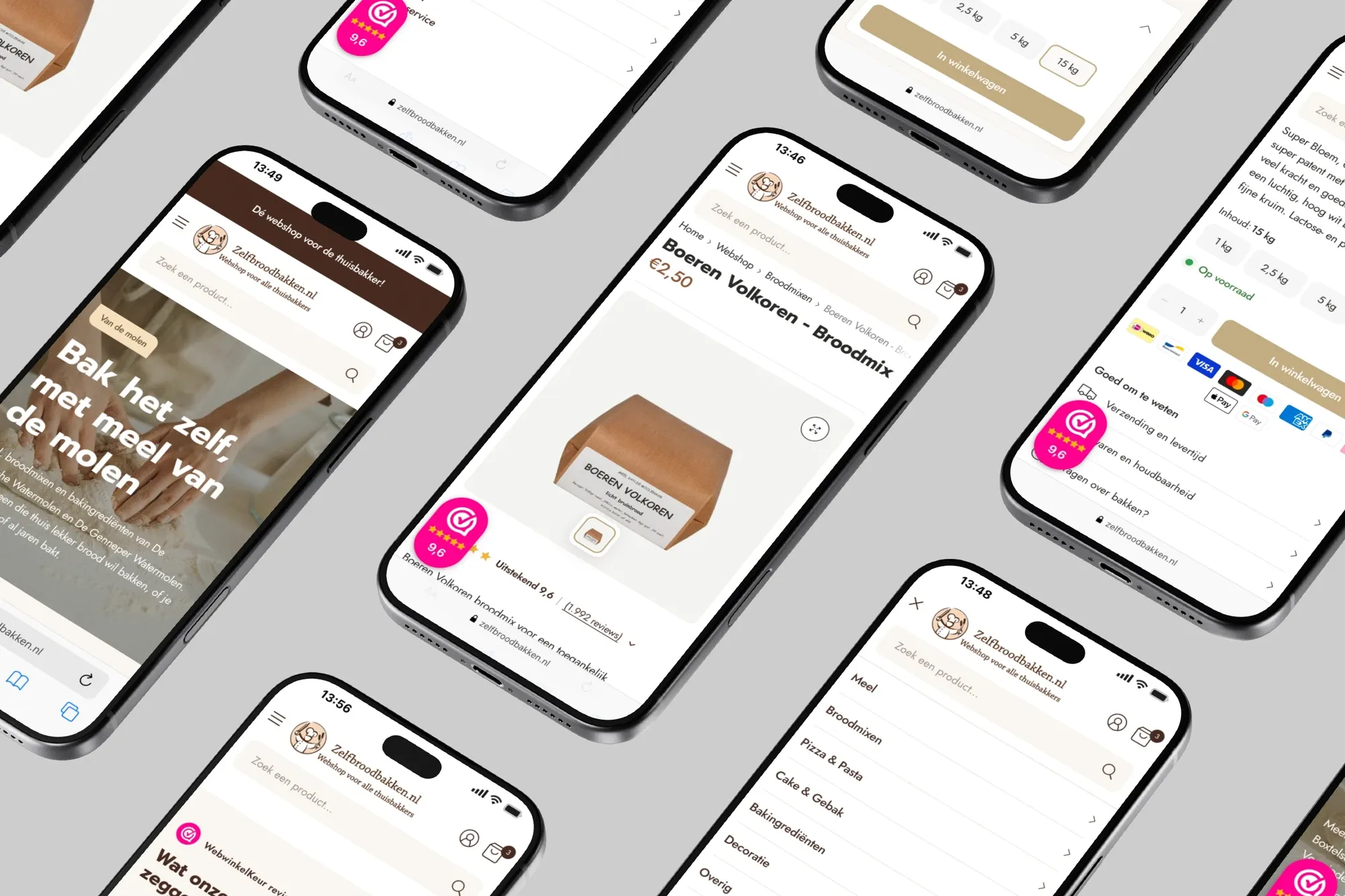 Telefoons met de homepage, productpagina’s en het menu van de webshop Zelf Brood Bakken